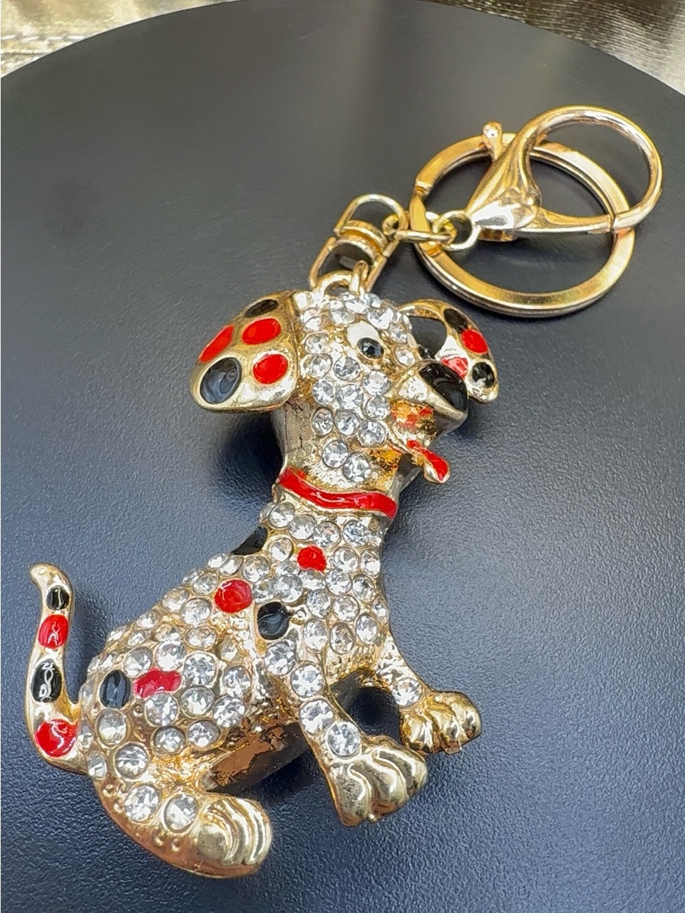 Gold-tone Crystal Dog Keychain with Red and Black Accents